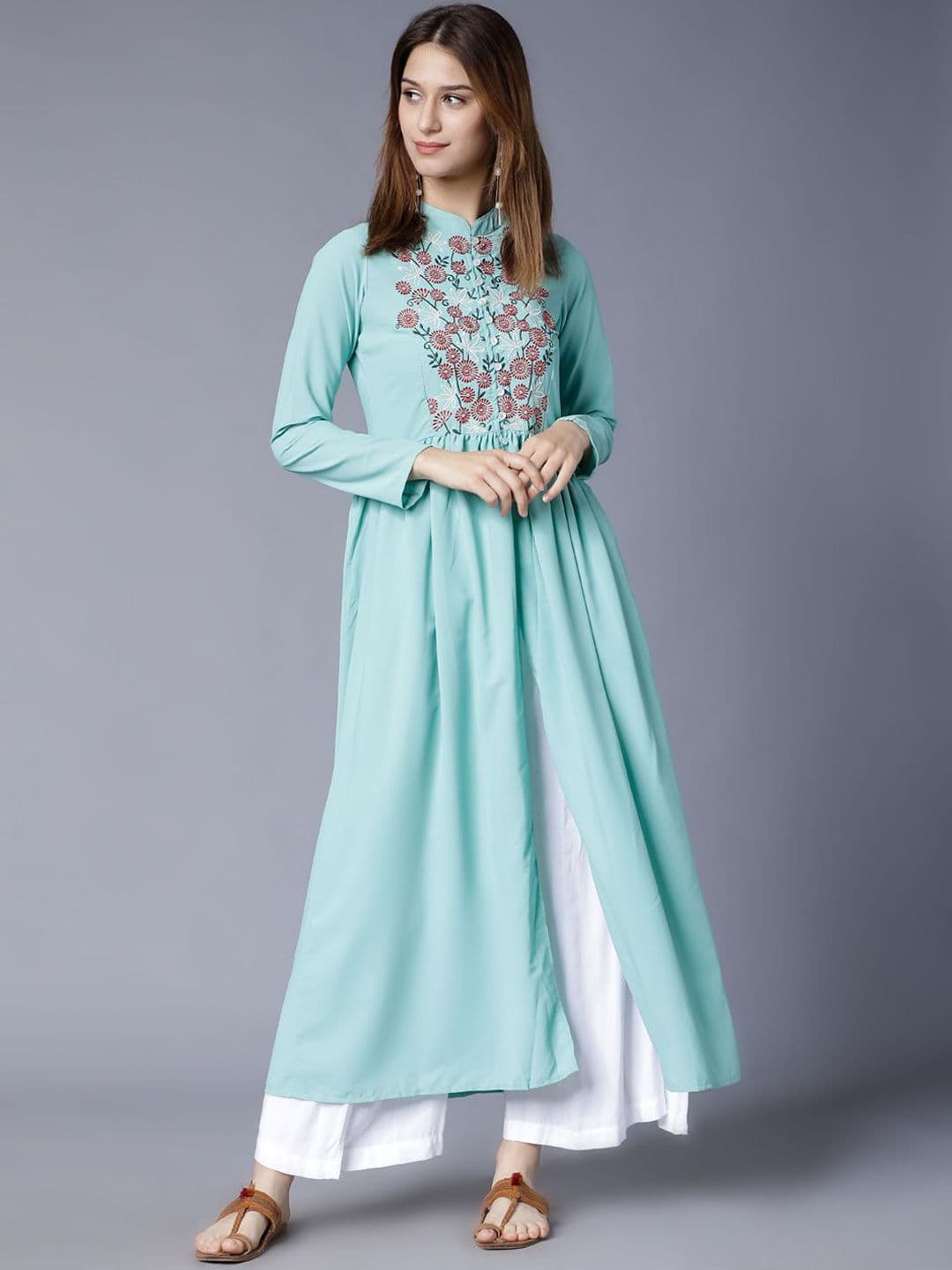 Vishudh Green Floral Embriodered Mandarin Collar Thread Work Gathered Anarkali Kurta - view 1