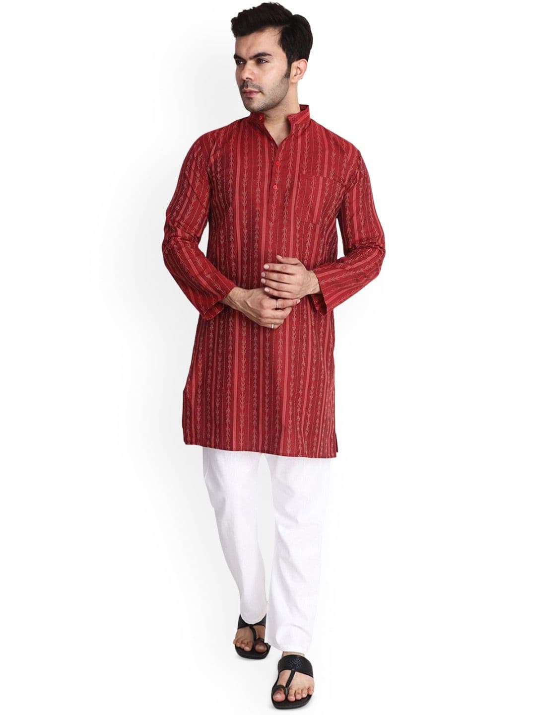 Aaryavar Striped Mandarin Collar Thread Work Cotton Straight Kurta - view 1