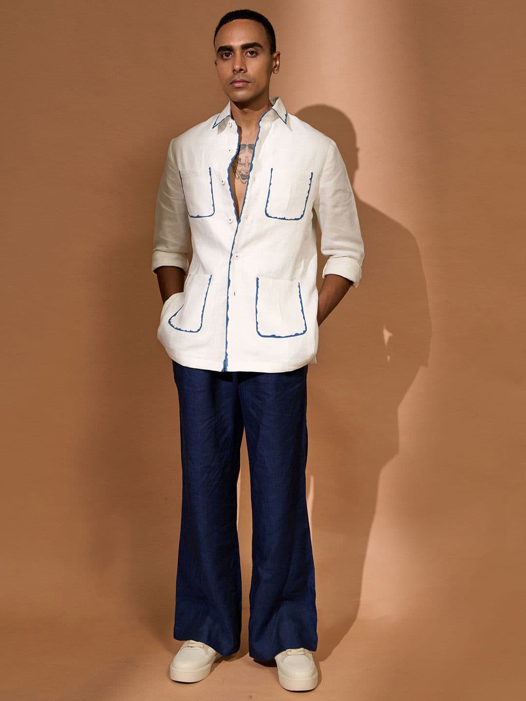 VIVEK KARUNAKARAN Men Spread Collar Solid Linen Casual Tailored Jacket - view 1