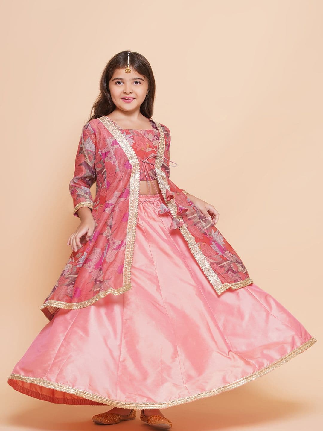 Bitiya by Bhama Girls Floral Printed Mirror Work Ready to Wear Lehenga & Blouse with Shrug - view 1