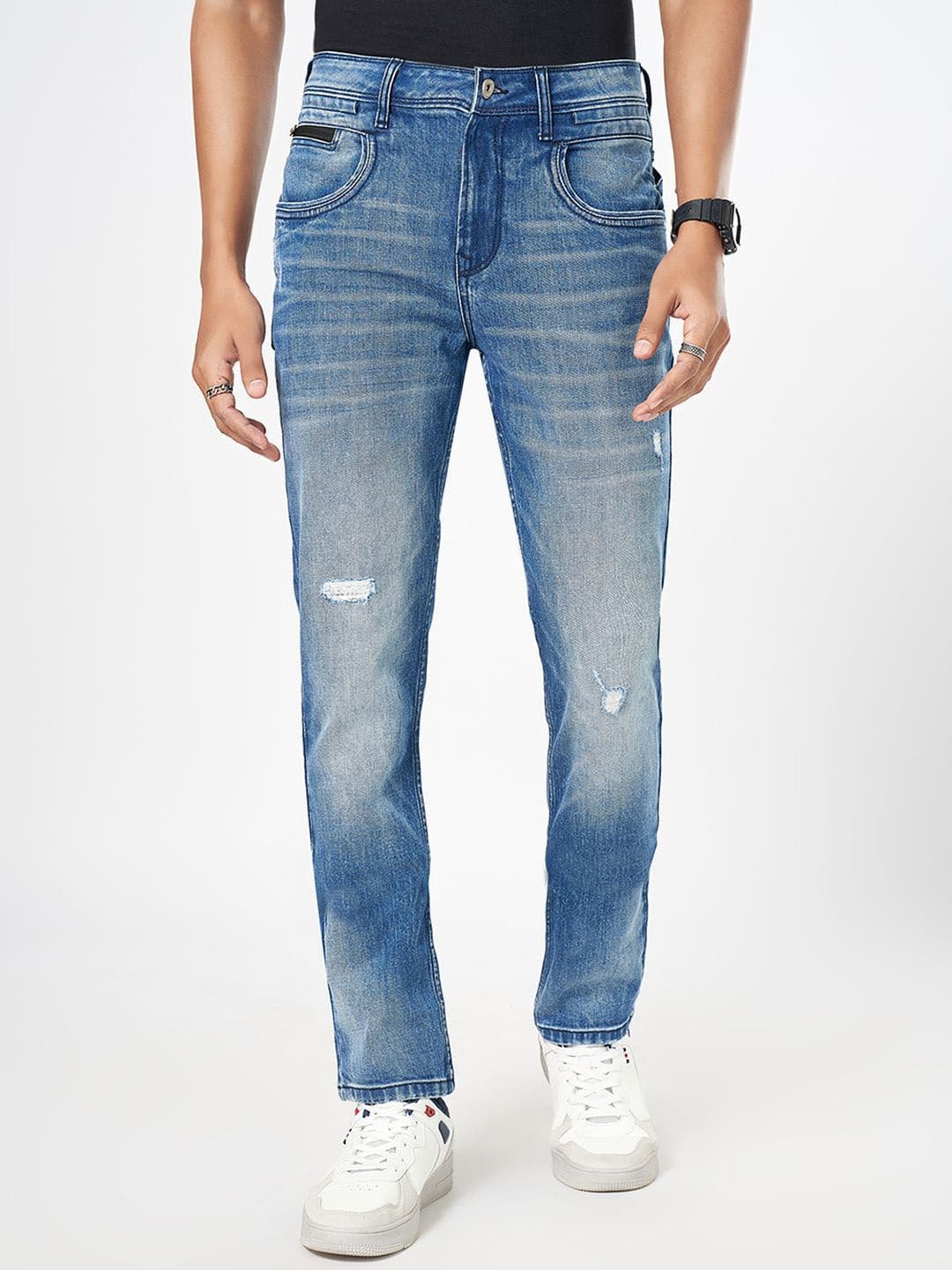SF JEANS by Pantaloons Men Slim Fit Mildly Distressed Heavy Fade Cotton Jeans - view 1