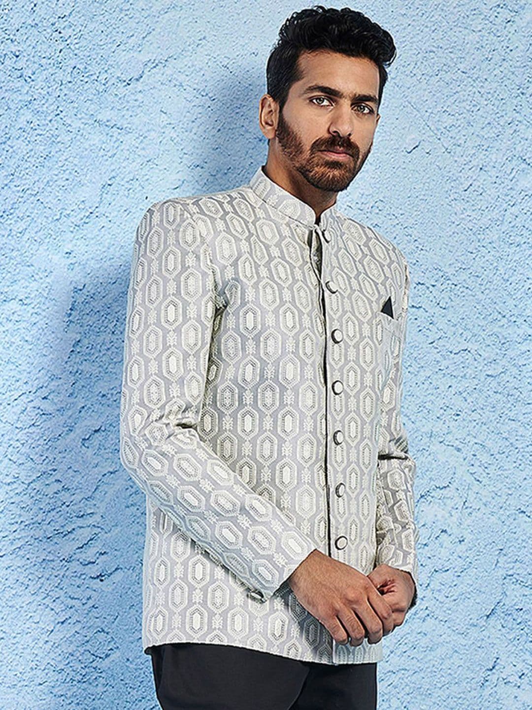 VASTRAMAY Self Design Mandarin Collar Slim-Fit Jacquard Bandhgala Blazers