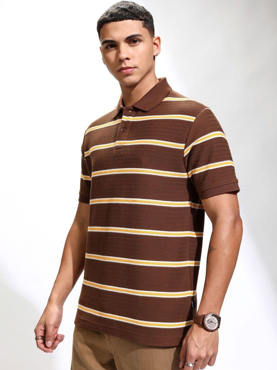 HIGHLANDER Men Striped Polo Collar Relaxed Fit T-shirt - view 1