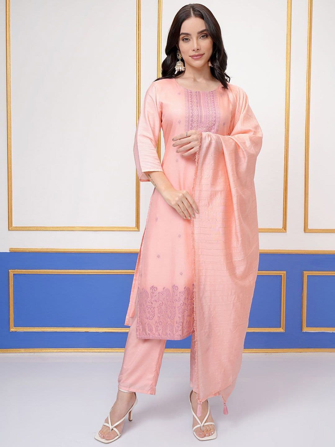 Vishudh Ethnic Motifs Woven Design Round Neck Regular Kurta With Trouser With Dupatta - view 1