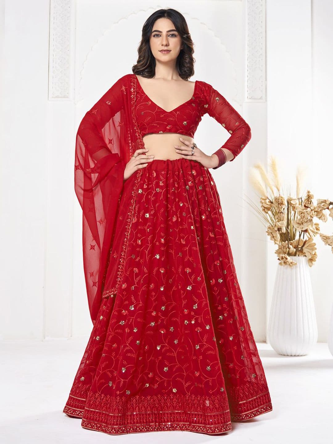 KALINI Embroidered Thread Work Semi-Stitched Lehenga & Unstitched Blouse With Dupatta - view 1