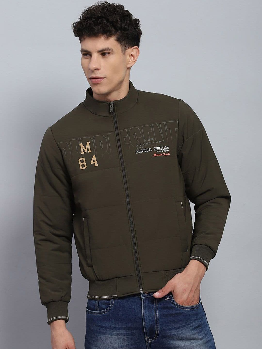 Monte Carlo Men Mock Collar Typography Printed Casual Bomber Jacket - view 1