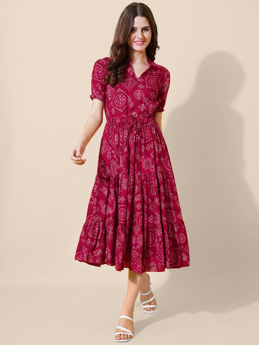 FLOWERVELLY Ethnic Motifs V-neck Fit and Flare Dress - view 1