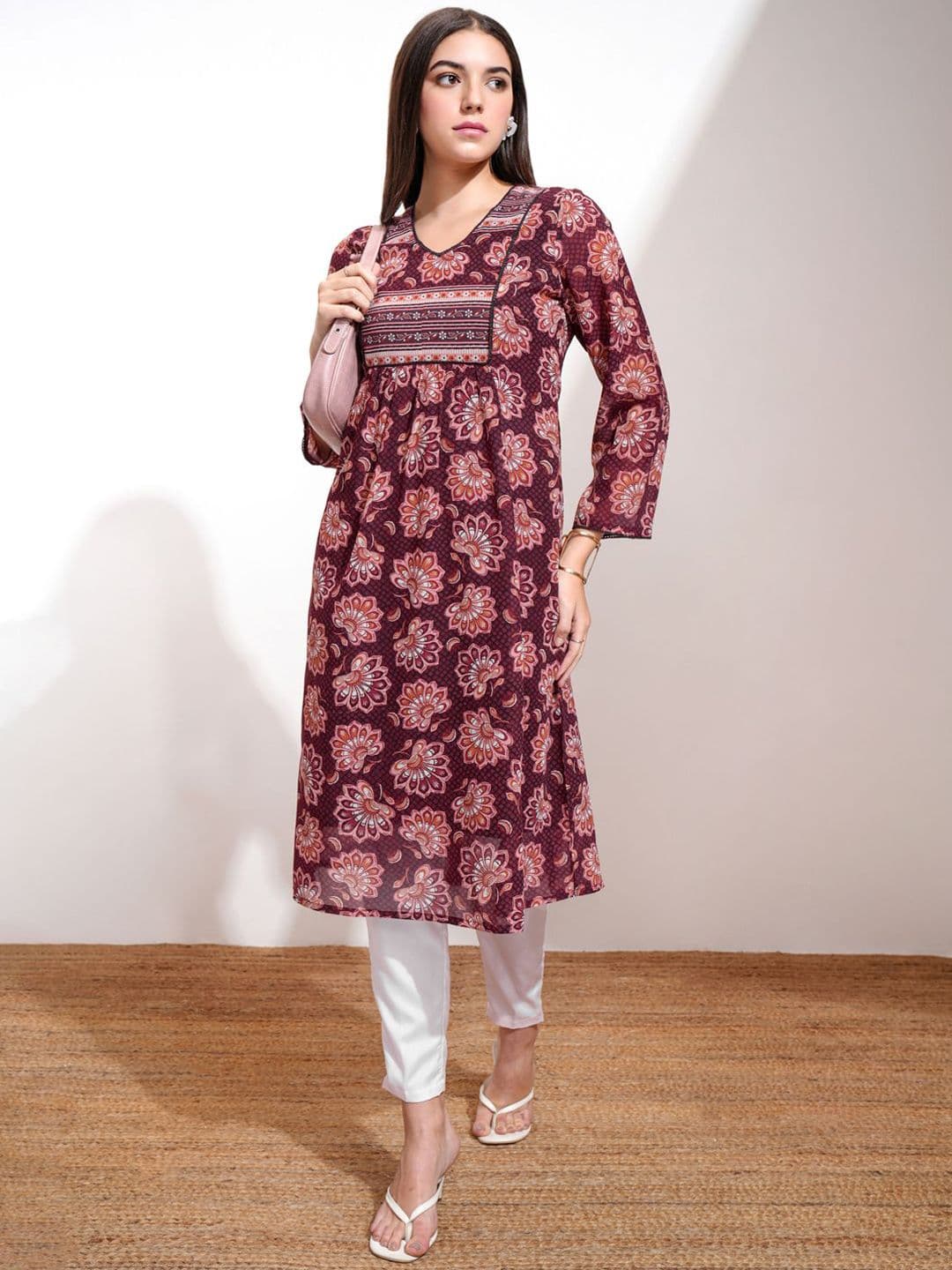 Vishudh Maroon Floral Printed V-Neck Three-Quarter Sleeves A-Line Kurta - view 1