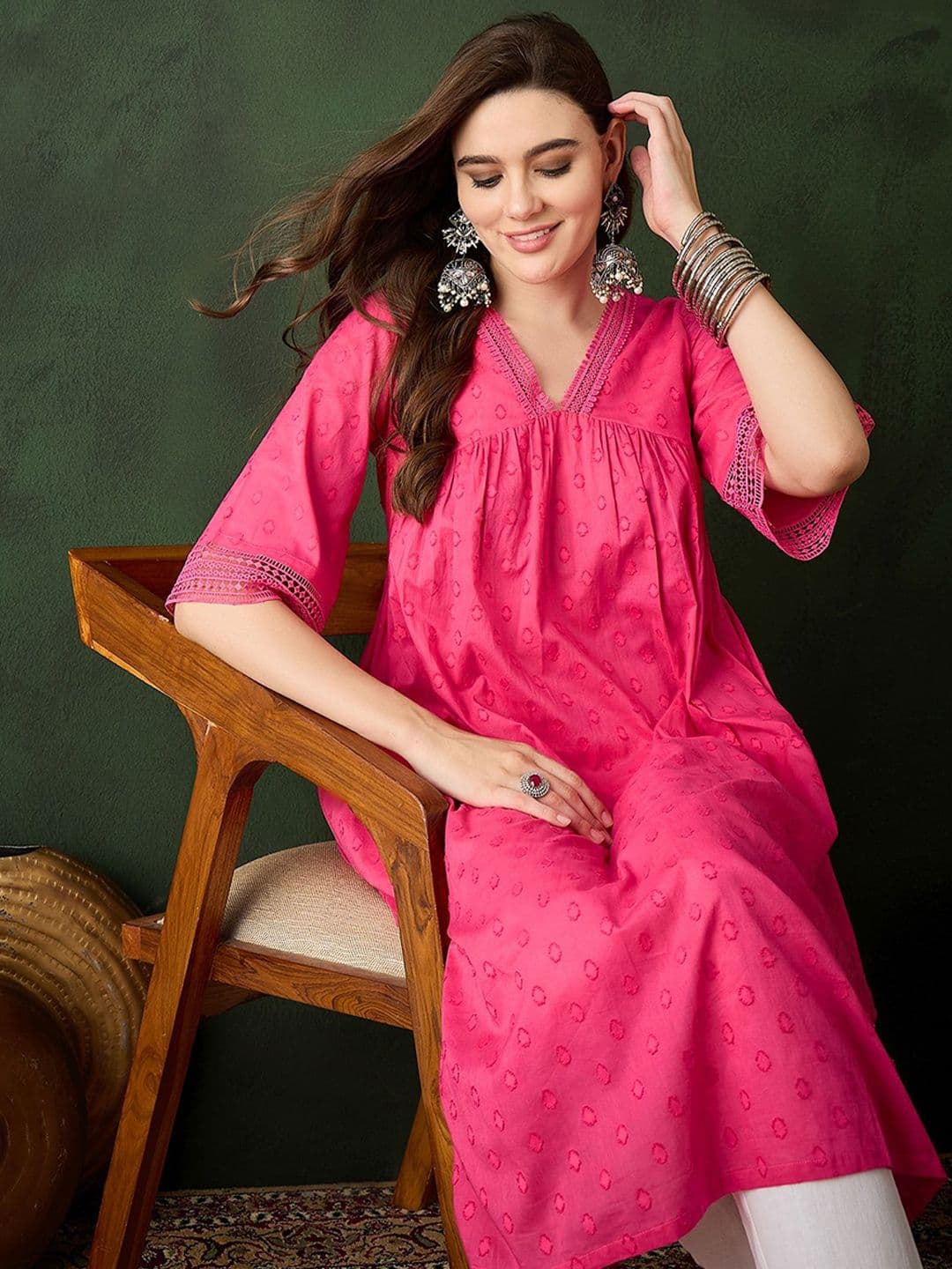 Sangria Women Pink Embroidered V-Neck Three-Quarter Sleeves A-Line Kurta - view 1