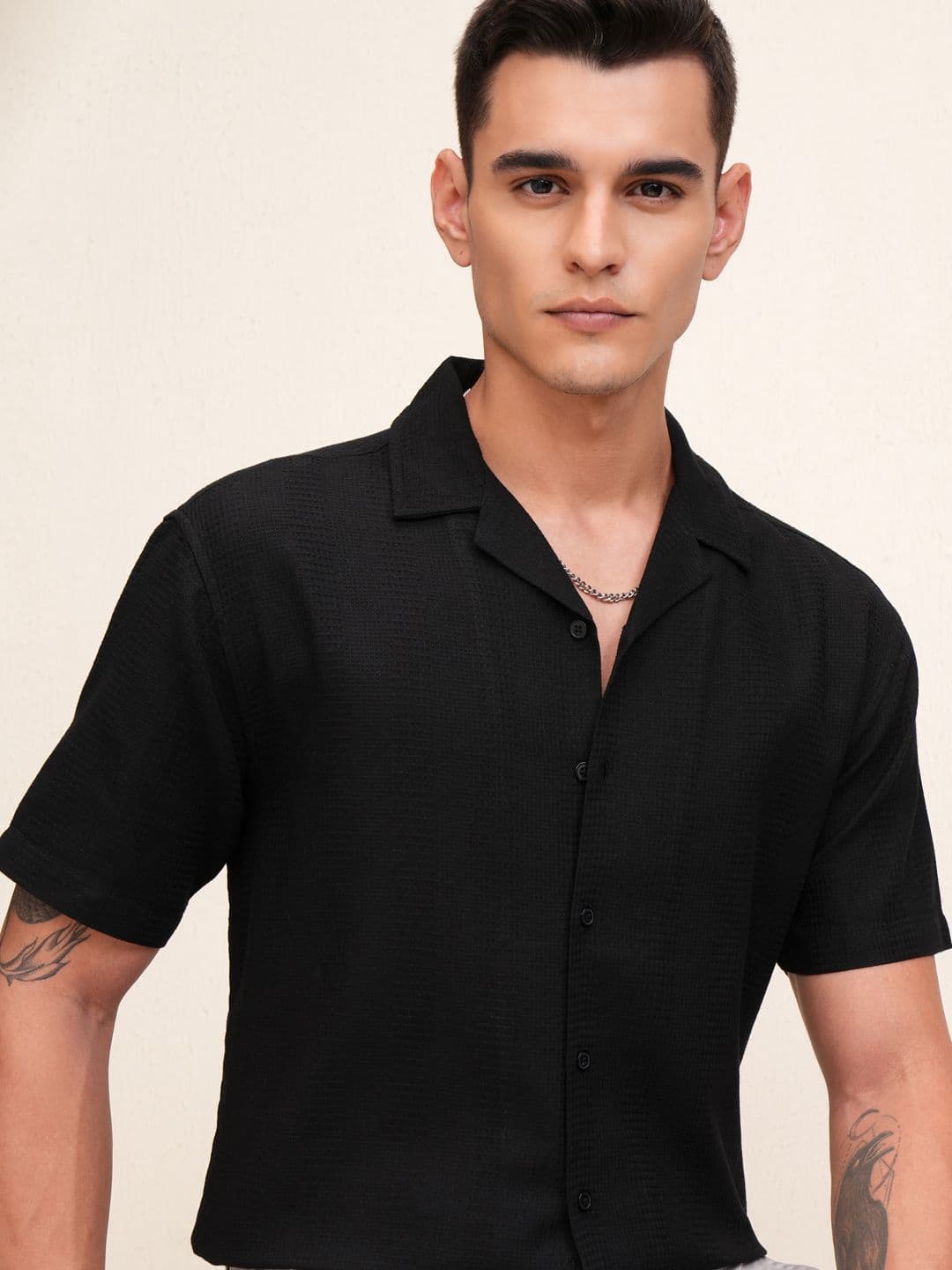 Highlander Men Waffle Dobby Textured Solid Cuban Collar Relaxed Shirt - view 1