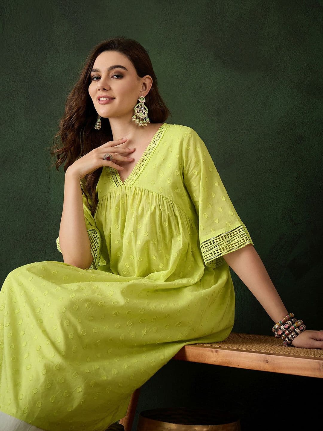 Sangria Women Lime Green Self Design V-Neck A-Line Kurta - view 1