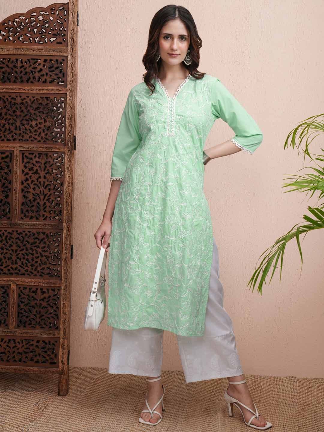 Vishudh Green Floral Embroidered V-Neck Straight Kurta - view 1