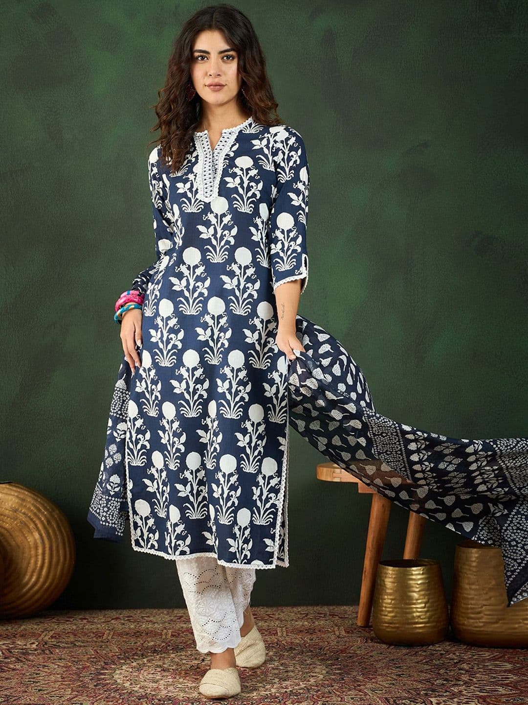 Sangria Navy Blue Floral Printed Notch Neck Gotta Patti Pure Cotton Kurta Set - view 1