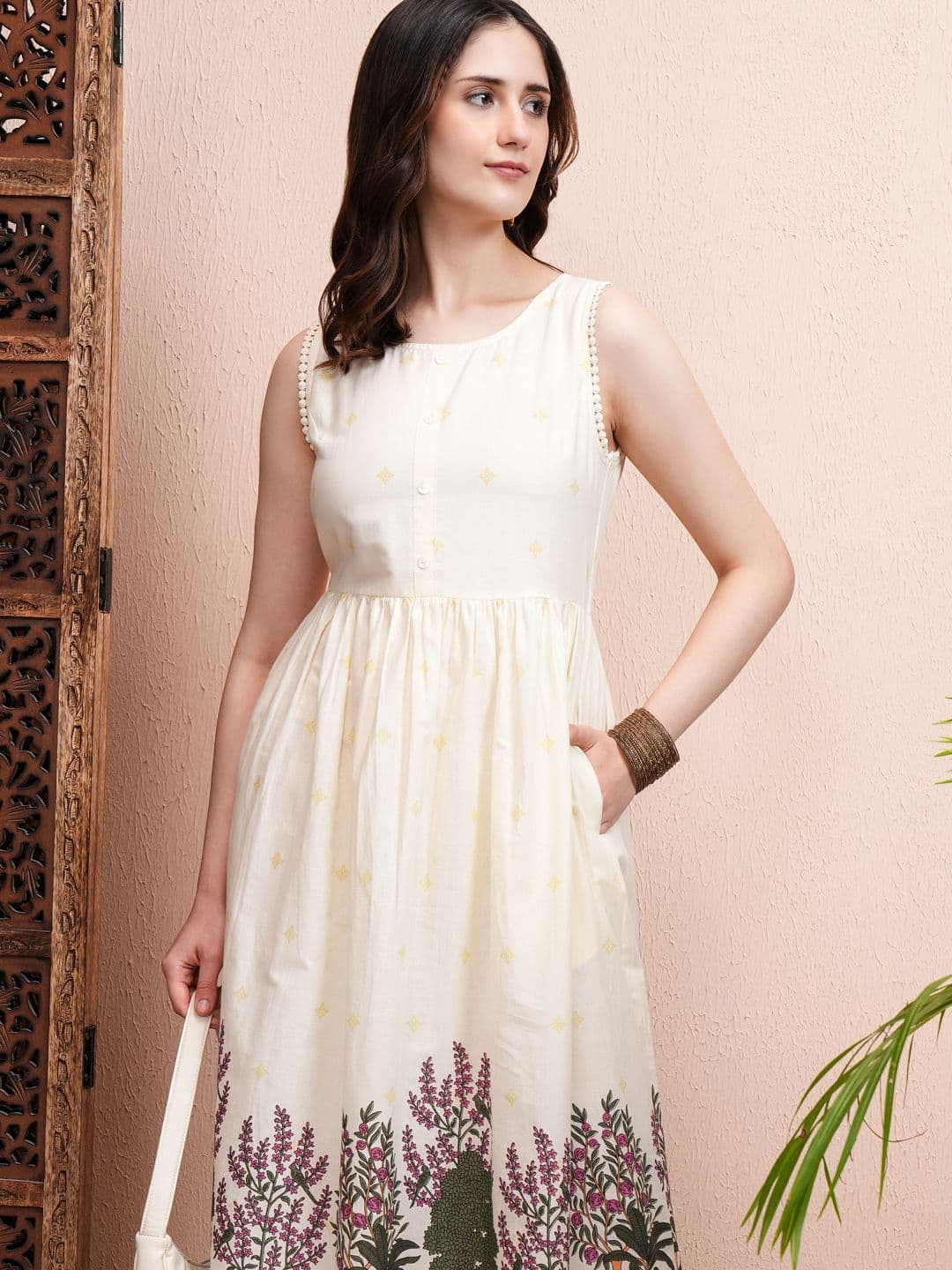 Vishudh Women Solid Floral Print Fit & Flare Midi Dress - view 1