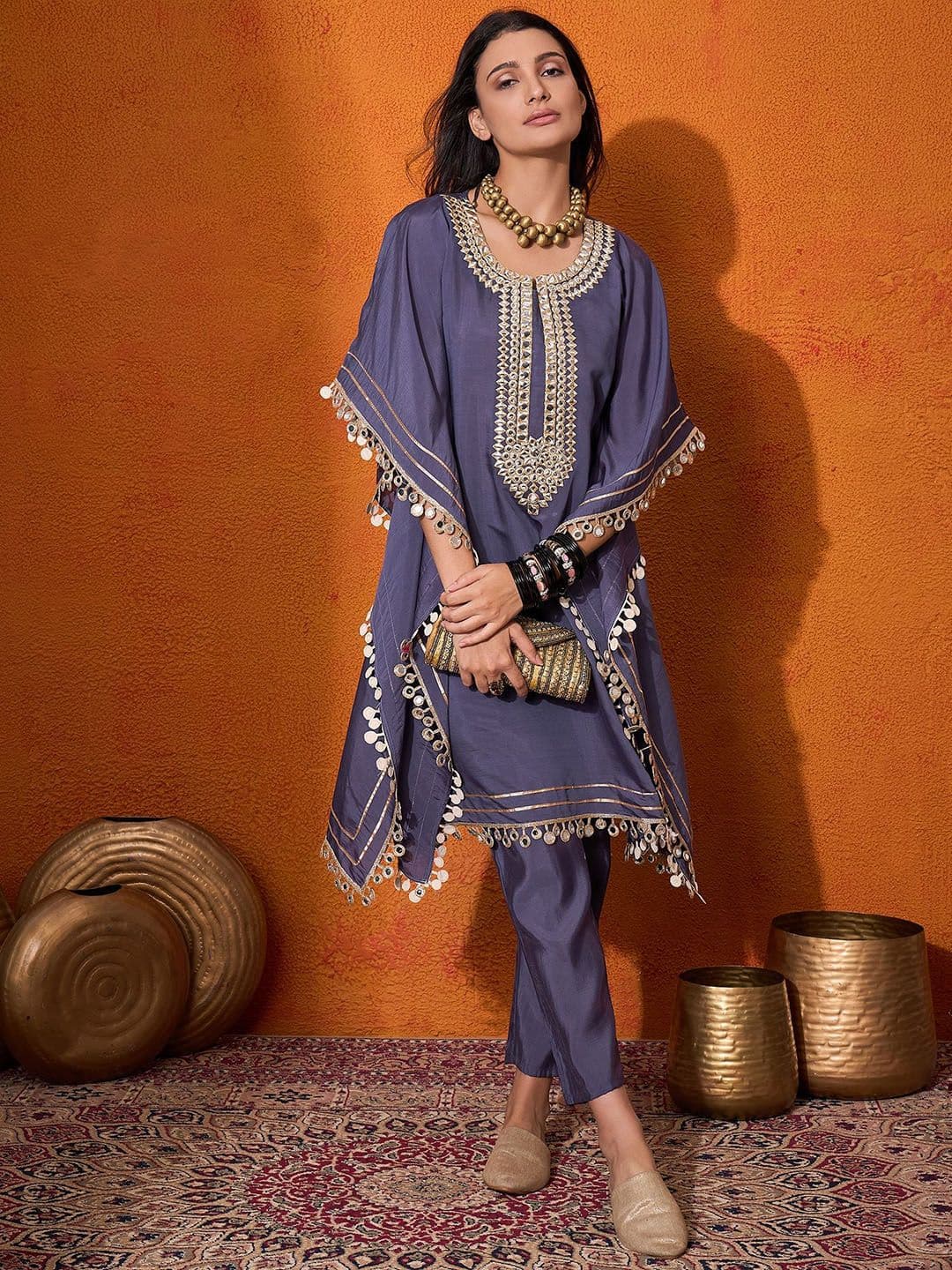 Sangria Blue Geometric Embroidered Round Neck Mirror Work Kaftan With Trousers - view 1