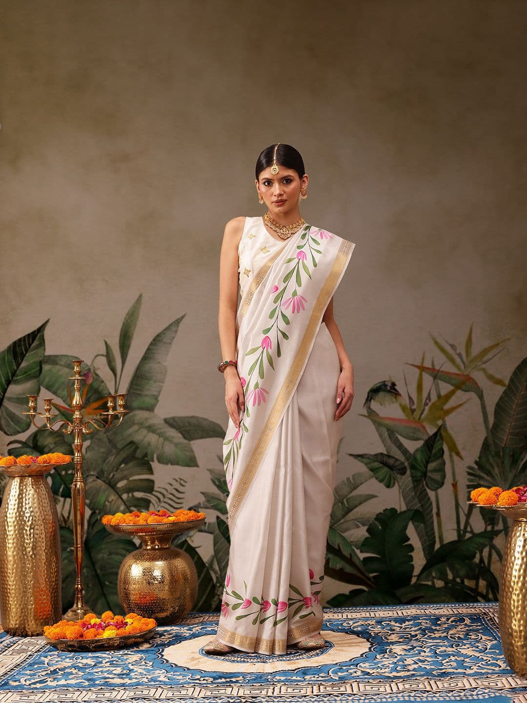 Silk Land Onam Special Floral Printed Kasavu Silk Saree - view 1