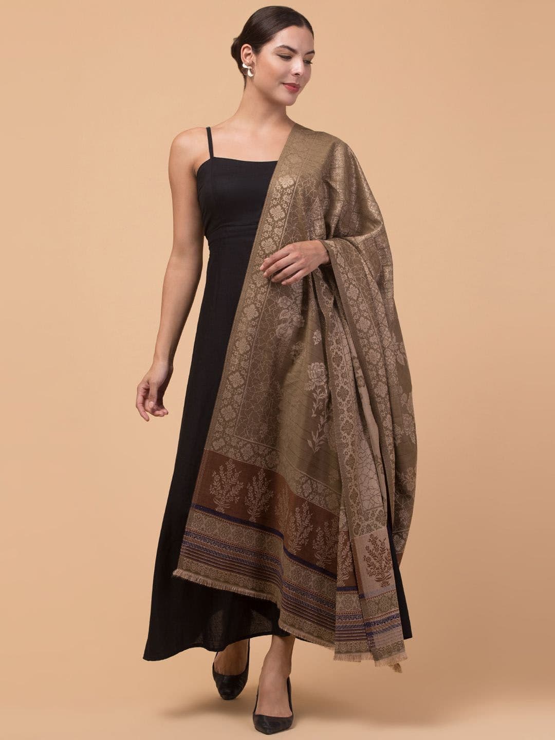 Tweedle Floral Woven Design Zari Reversible Acrylic Shawl - view 1