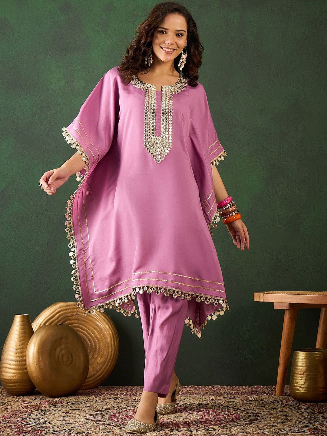Sangria Yoke Design V-Neck Mirror Work Kaftan Kurta With Trousers - view 1