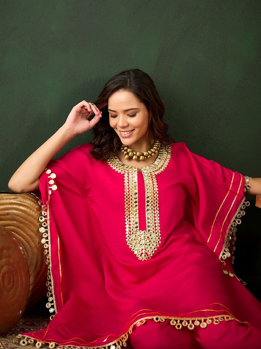 Sangria Fuchsia Geometric Embroidered Round Neck Mirror Work Kaftan With Trousers - view 1