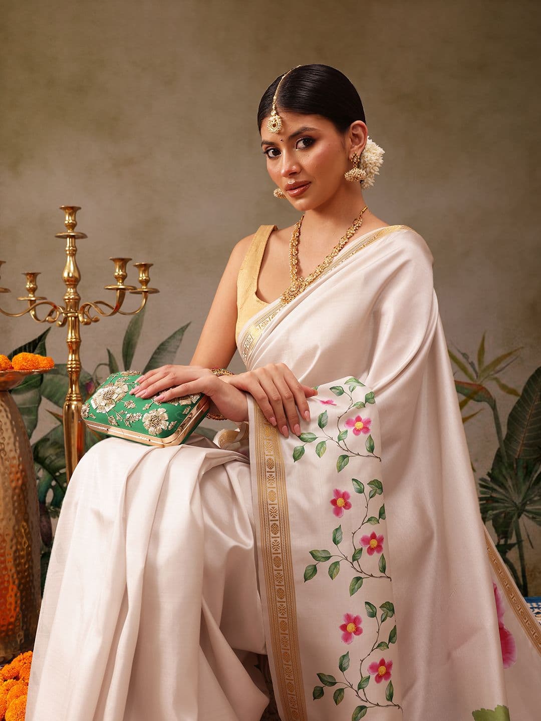 Silk Land Onam Special Floral Printed Kasavu Silk Saree - view 1