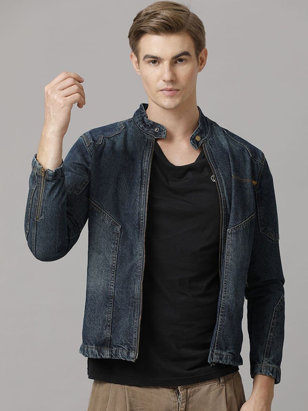 TEMPLE OF DENIM Men Zip Detail Asymmetric Closure Biker Jacket - view 1