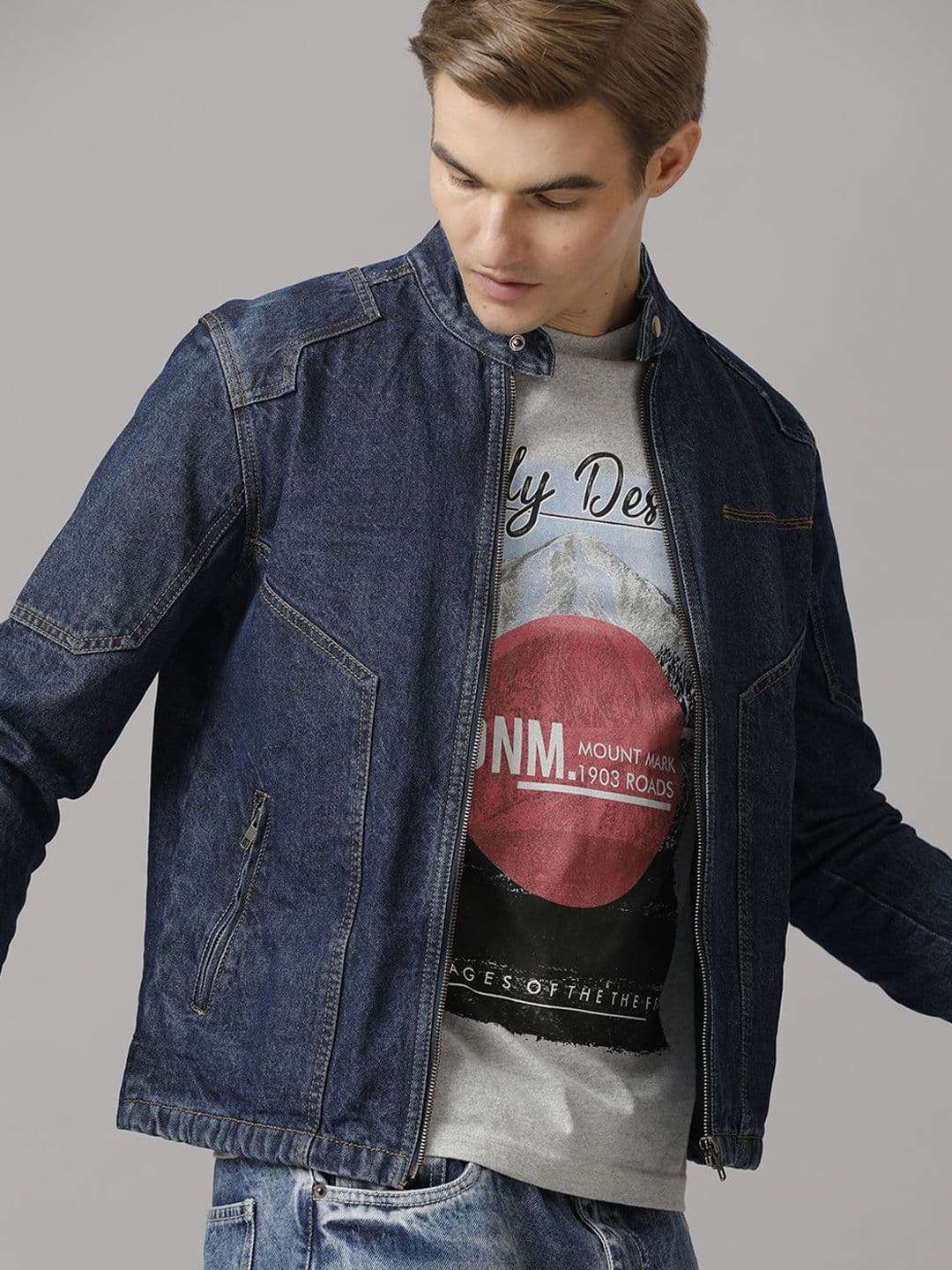 TEMPLE OF DENIM Men Mandarin Collar Asymmetric Closure Biker Jacket - view 1