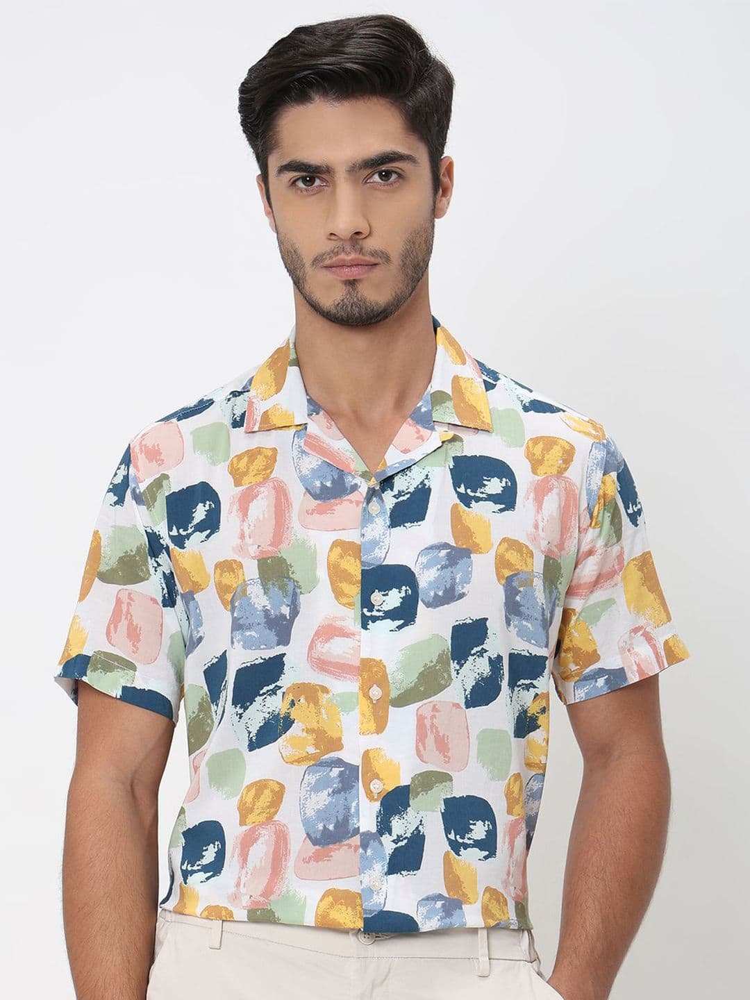 Mufti Men Cuban Collar Abstract Printed Cotton Slim Fit Casual Shirt - view 1
