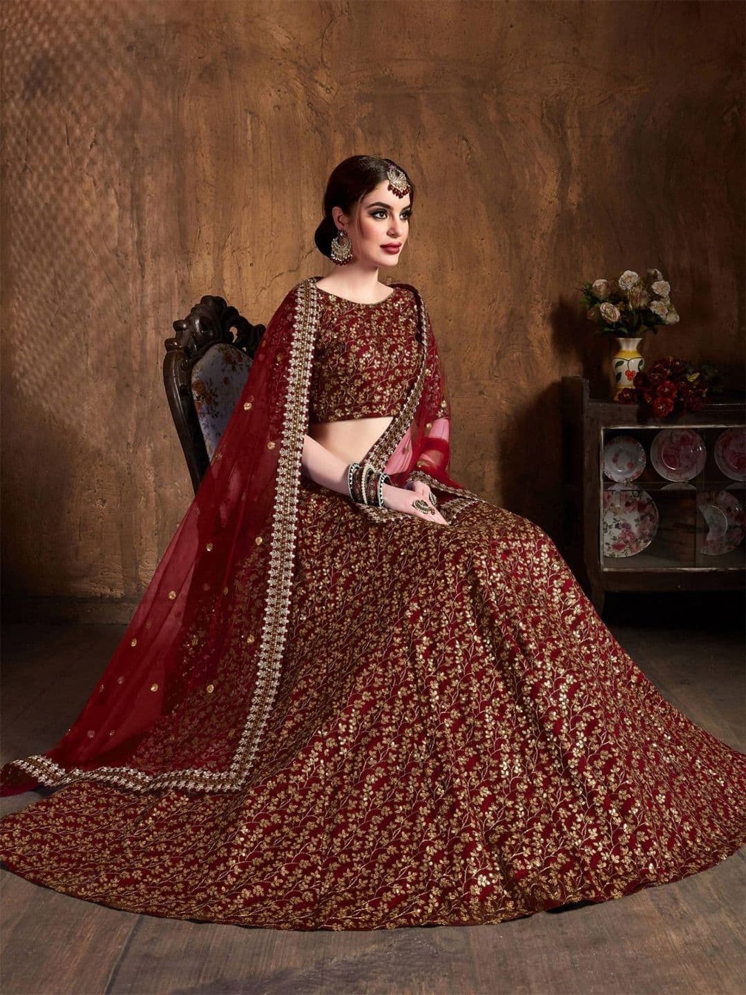 ODETTE Embroidered Sequinned Semi-Stitched Lehenga & Blouse With Dupatta - view 1