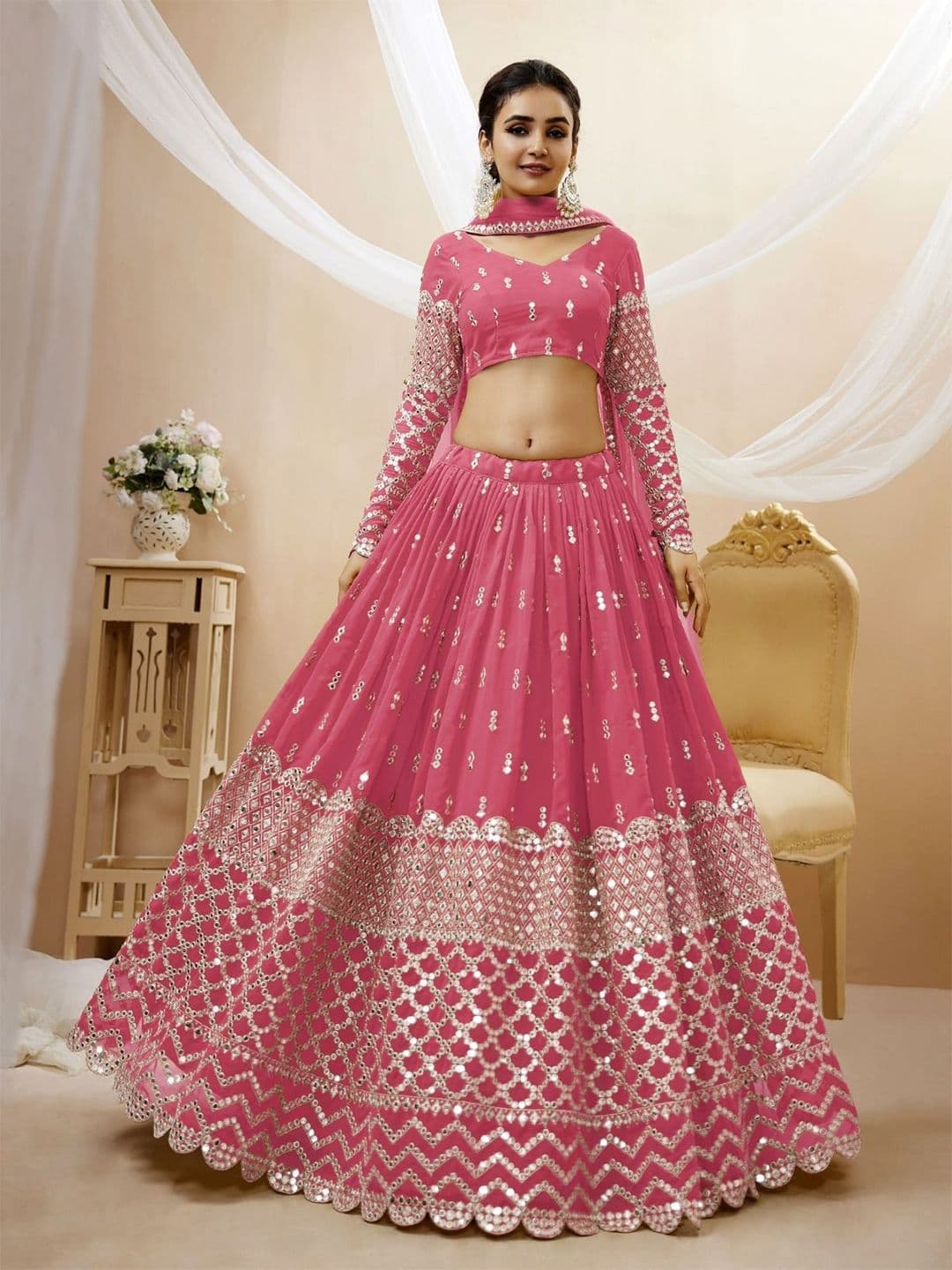 ODETTE Embroidered Mirror Work Semi-Stitched Lehenga & Unstitched Blouse With Dupatta - view 1