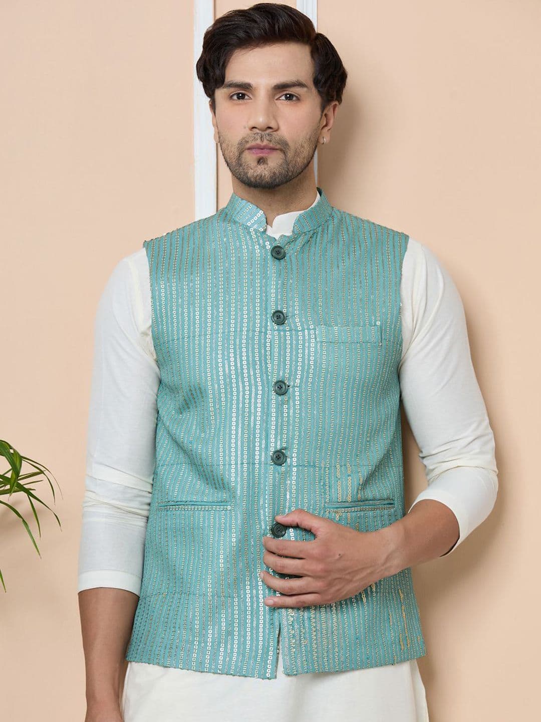 See Designs Embellished Pure Cotton Nehru Jacket - view 1