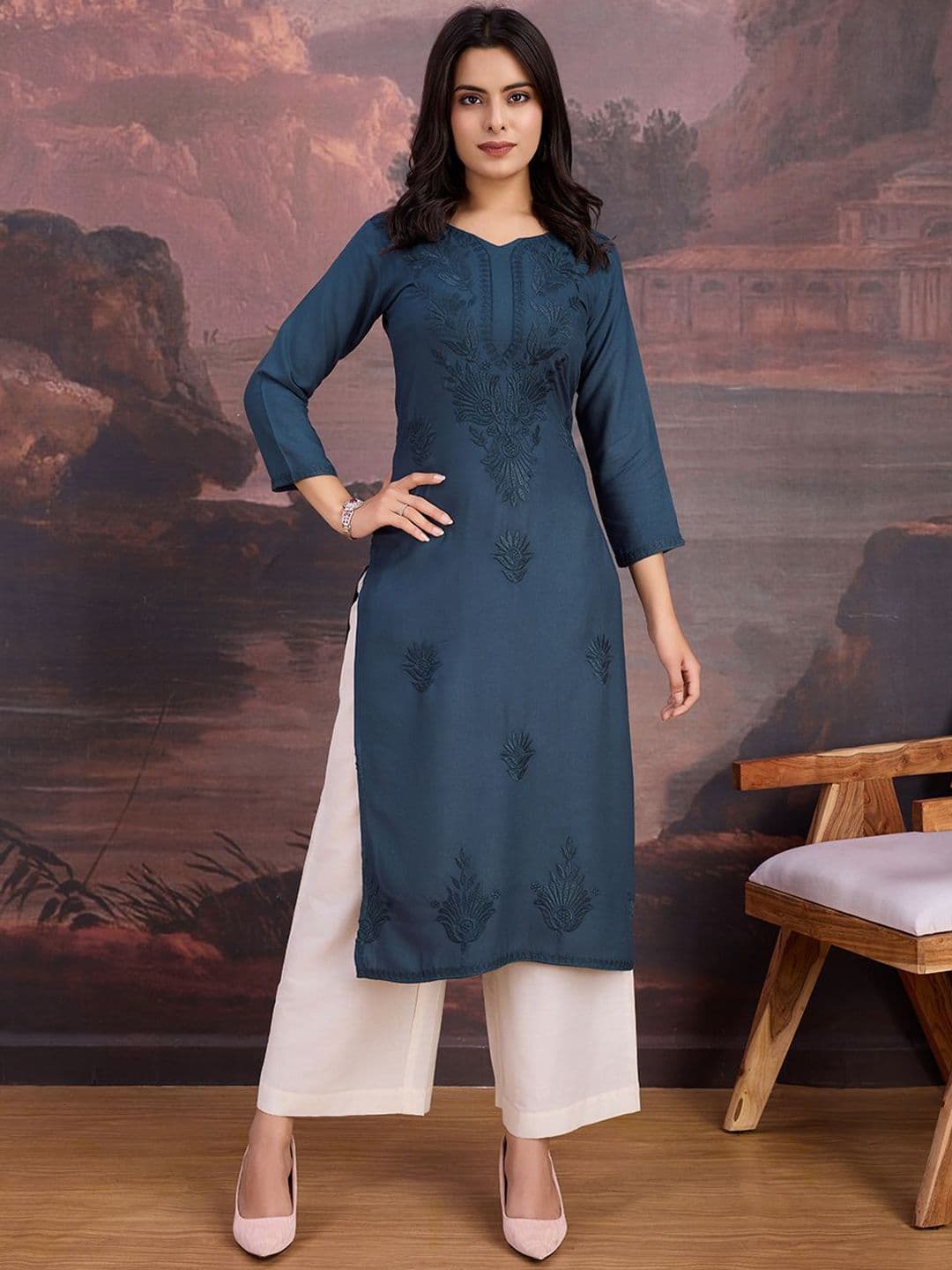 House of Pataudi Embroidered Straight Kurtas - view 1