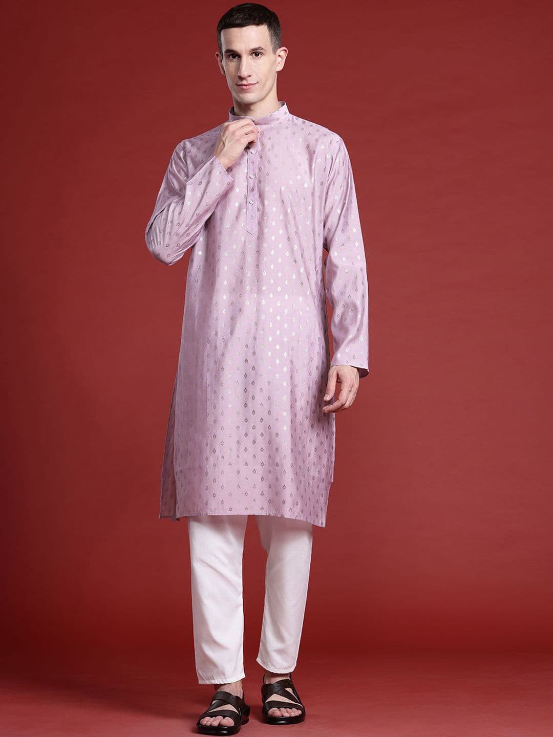 MANQ Ethnic Motifs Woven Design Mandarin Collar Pure Cotton Straight Kurta - view 1