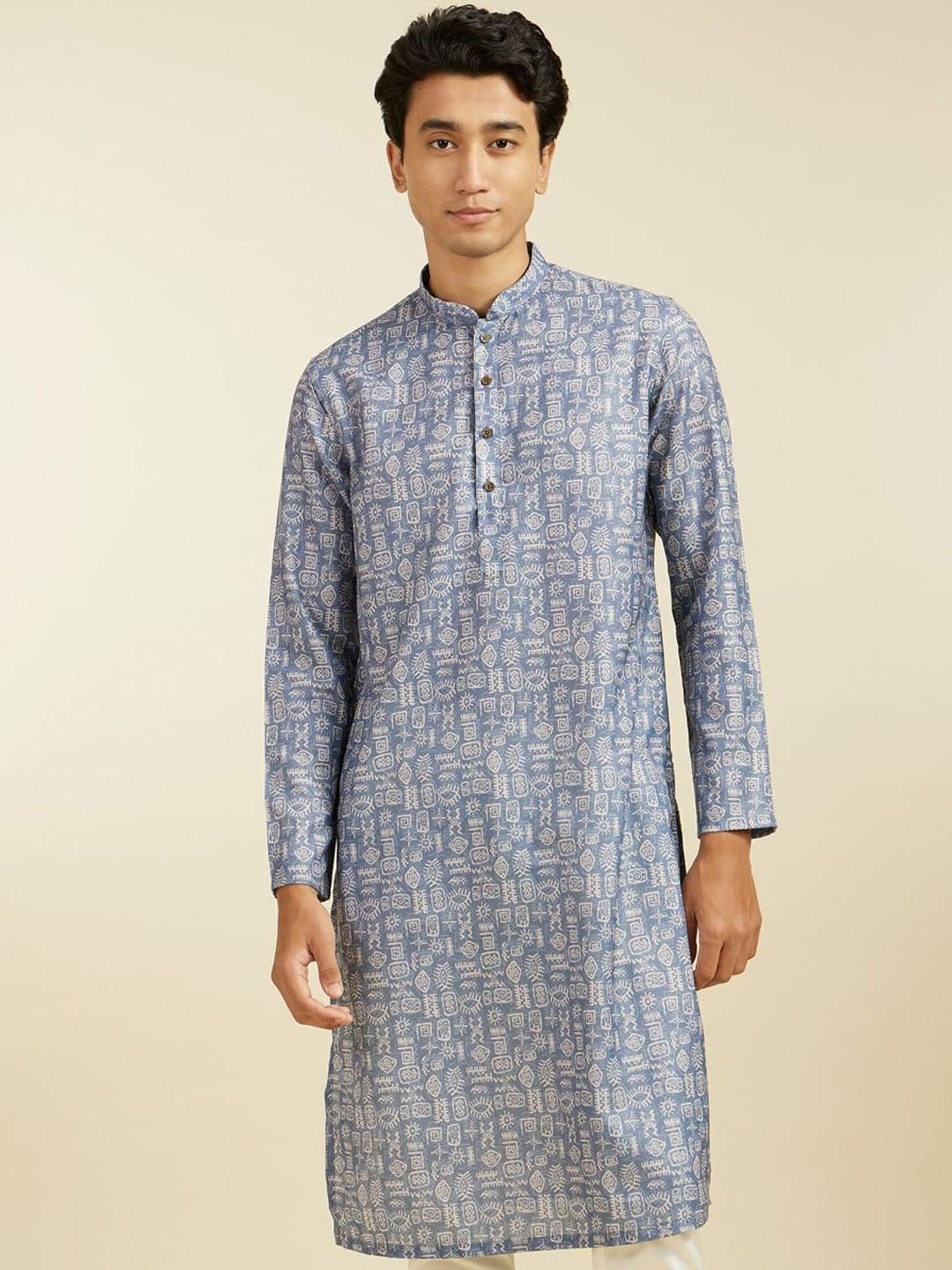 Diwas by Manyavar Geometric Printed Mandarin Collar Straight Kurta - view 1