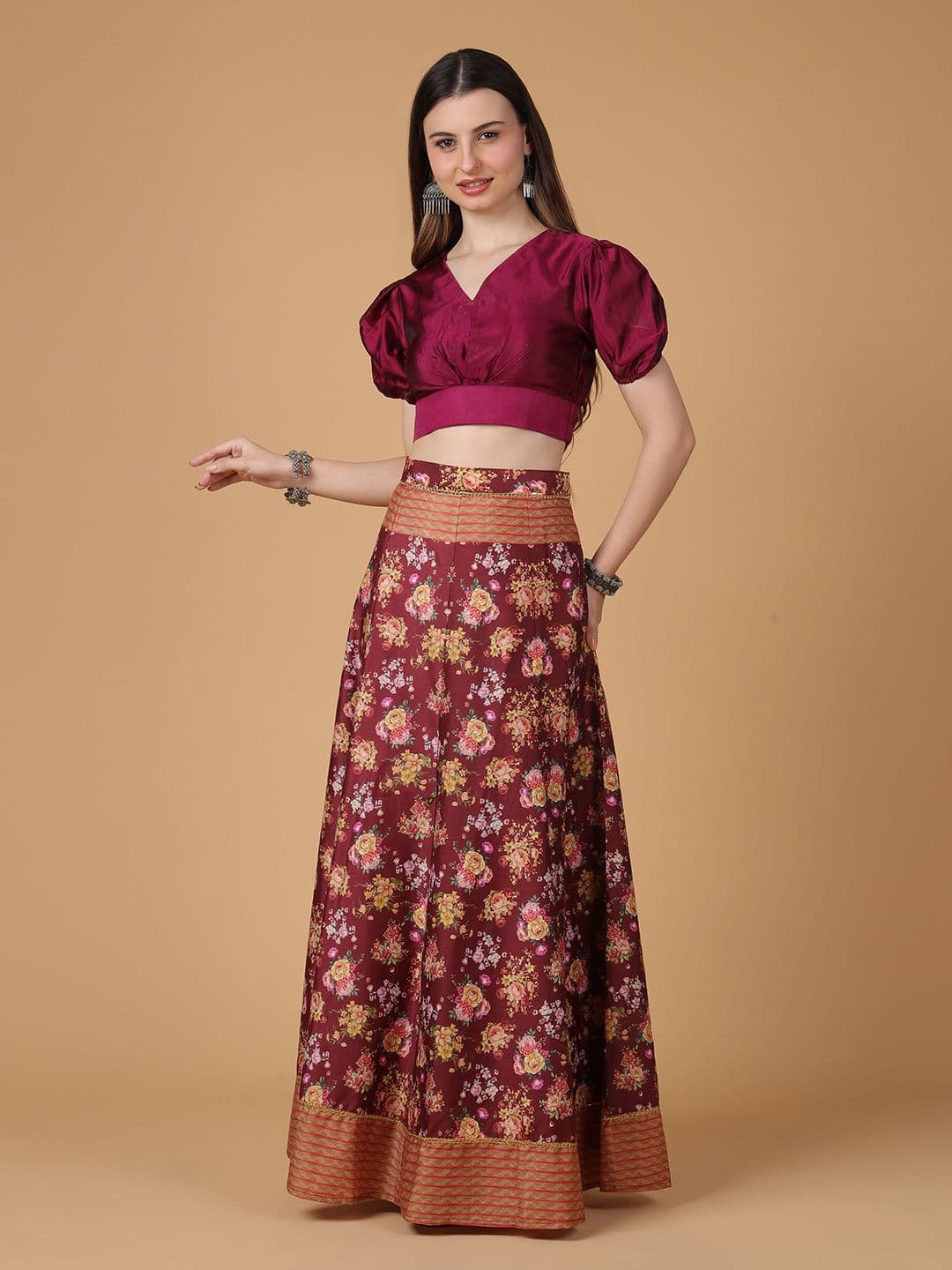 Frolic Rolic Puff Sleeve V Neck Silk Blouse & Floral Print Silk Maxi Skirt Set - view 1