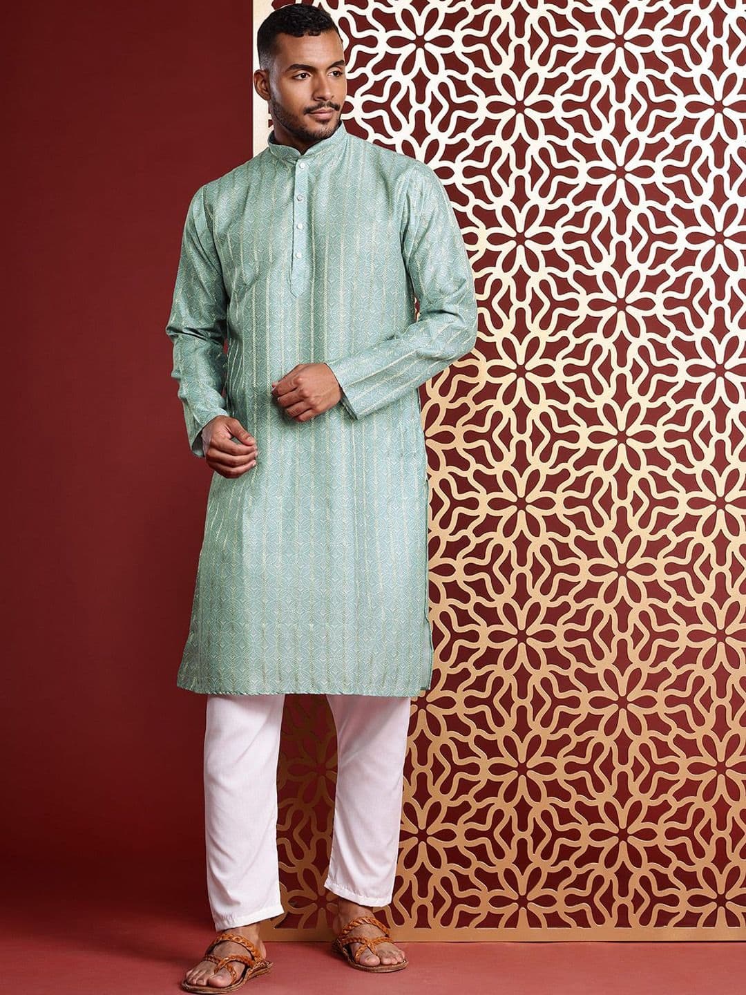 MANQ Ethnic Motifs Woven Design Zari Work Mandarin Collar Pure Cotton Straight Kurta - view 1