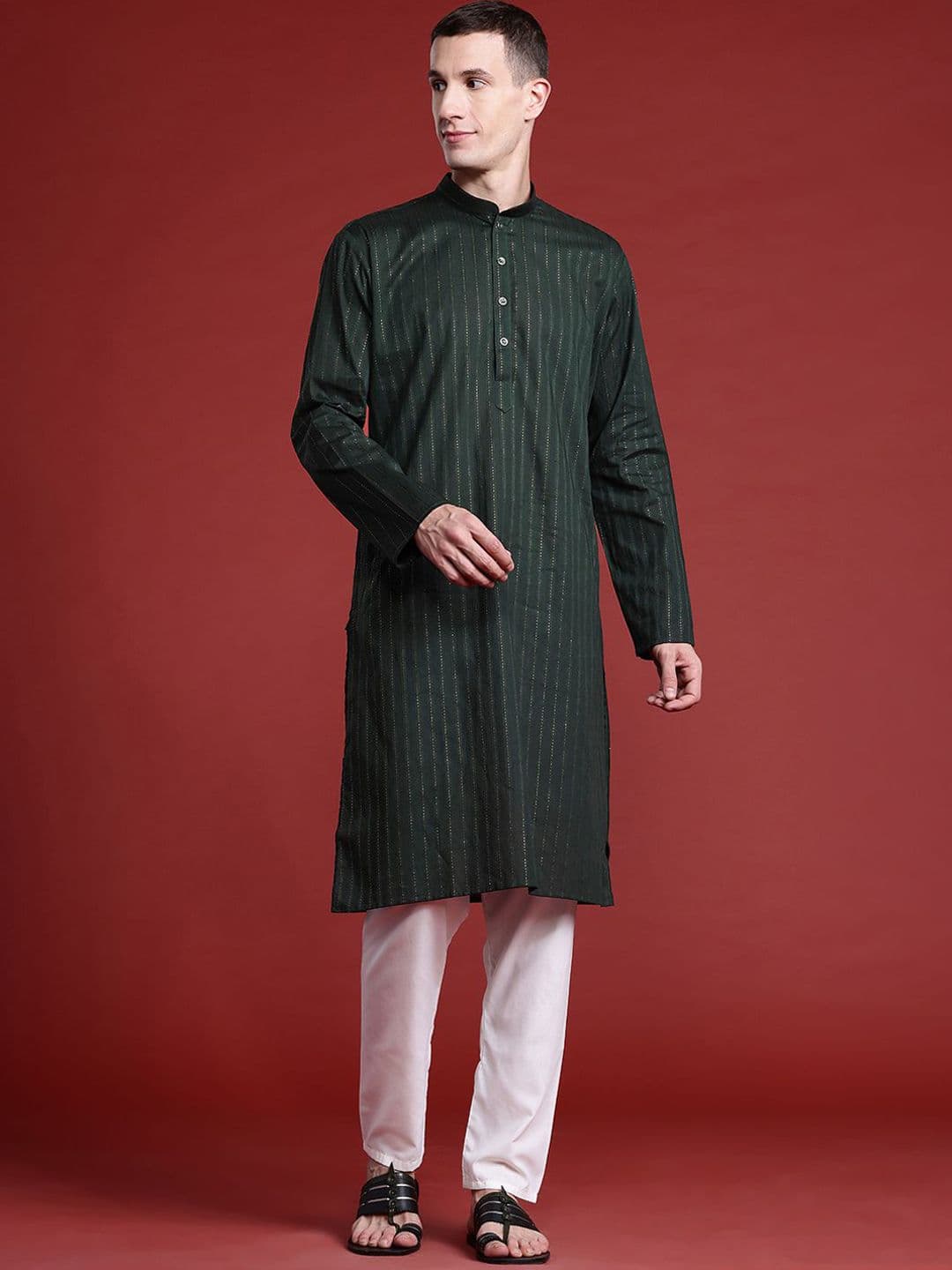 MANQ Striped Thread Work Mandarin Collar Pure Cotton Straight Kurta - view 1