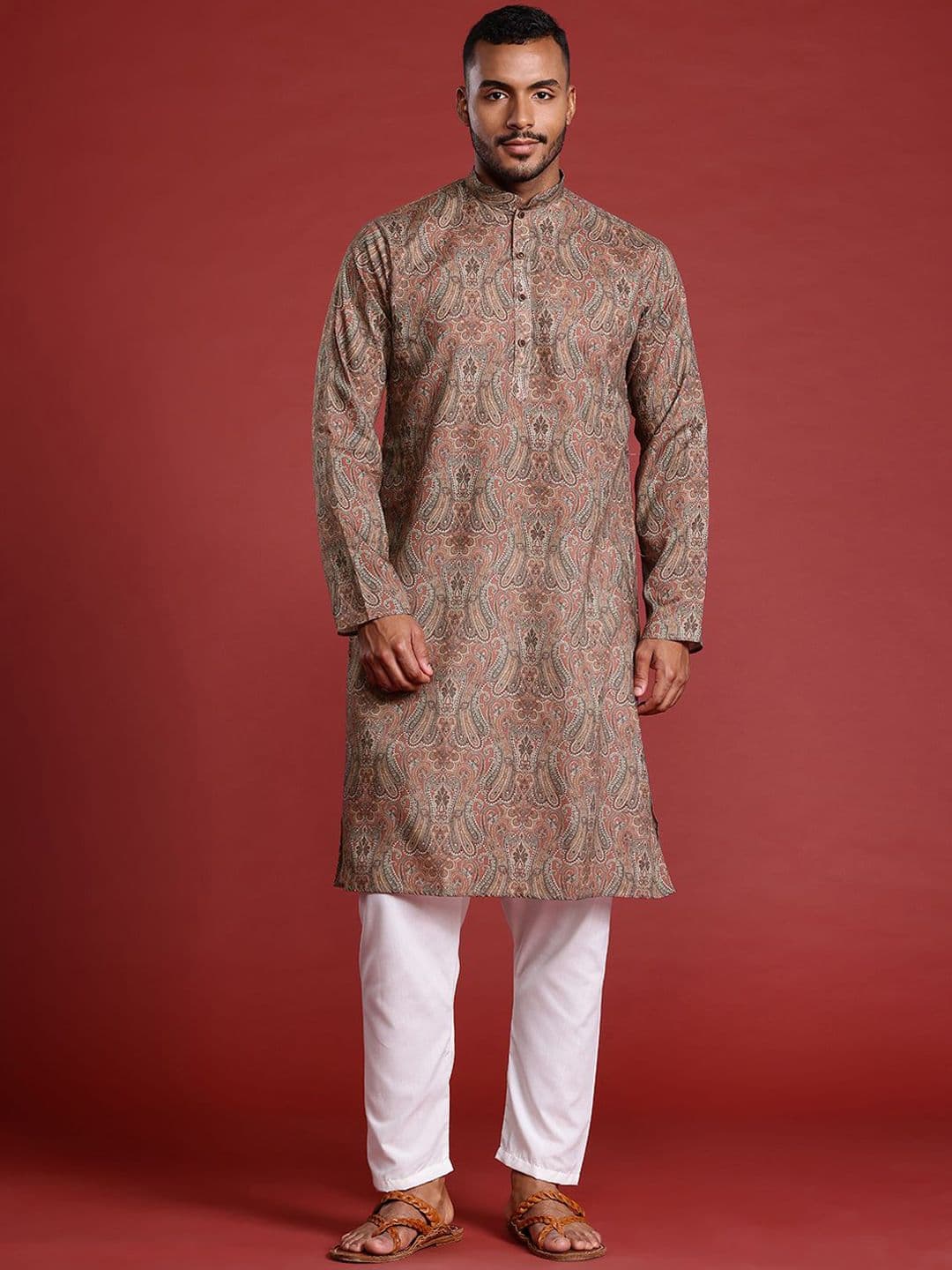 MANQ Paisley Printed Mandarin Collar Long Sleeves Pure Cotton Straight Kurta - view 1