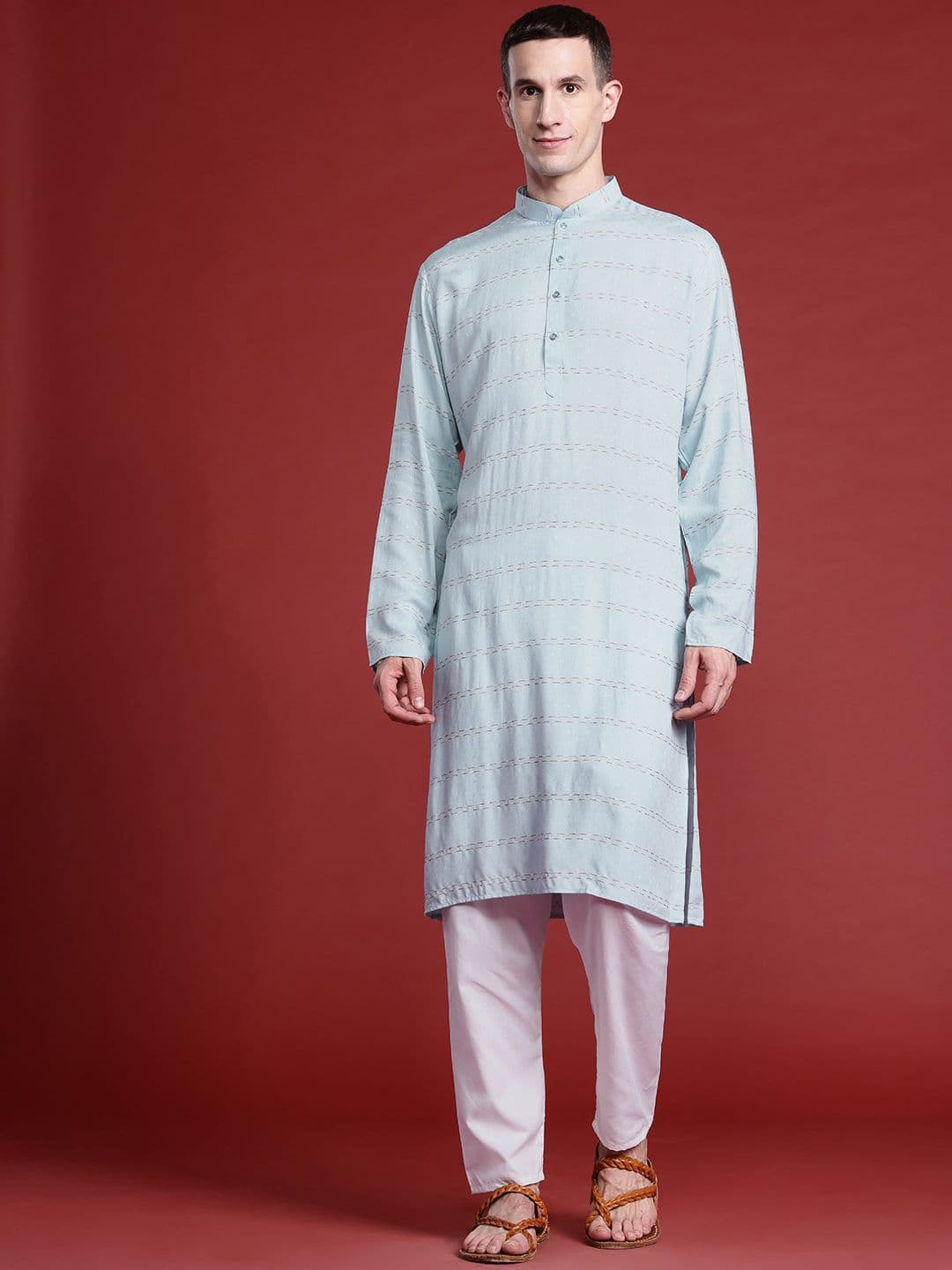 MANQ Geometric Woven Design Mandarin Collar Pure Cotton Straight Kurta - view 1
