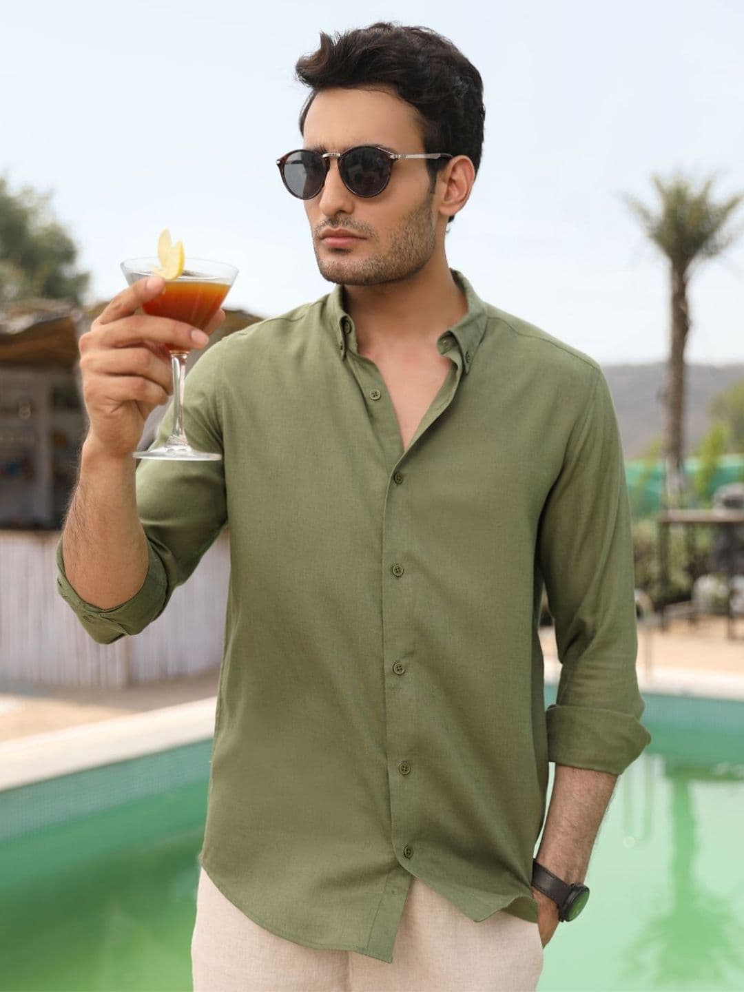 PERCH Men India Slim Button-Down Collar Solid Linen Blend Casual Shirt - view 1