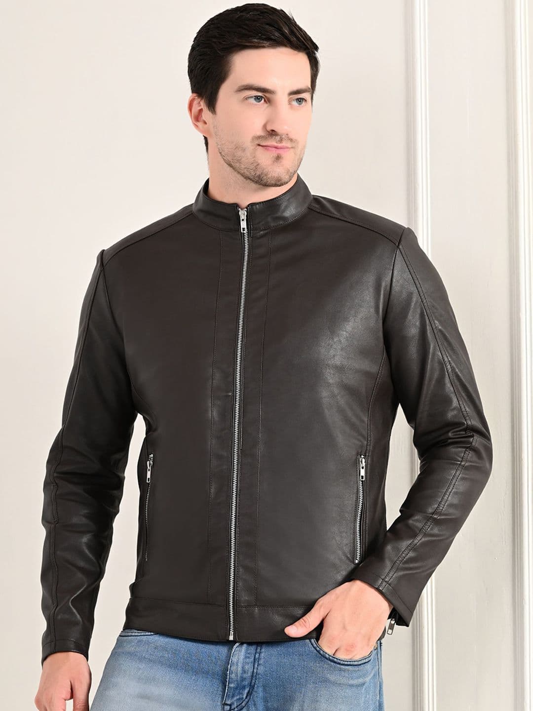 TBOJ Mock Collar Water Resistant Lightweight Leather Jacket - view 1