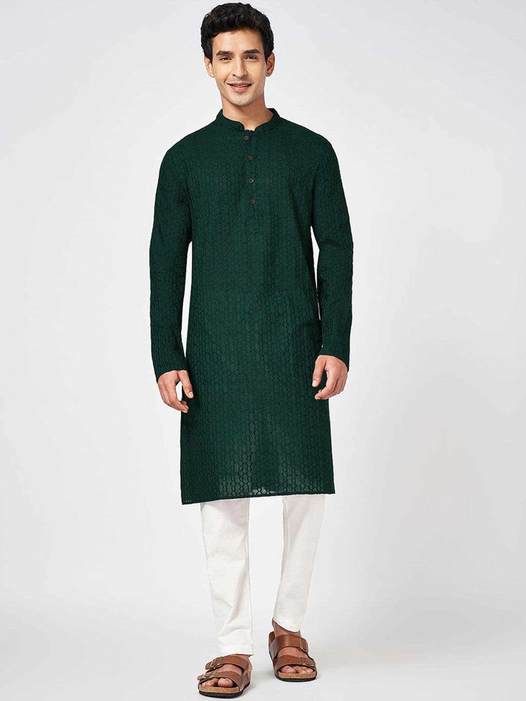 indus route by Pantaloons Floral Embroidered Thread Work Pure Cotton Straight Kurta - view 1