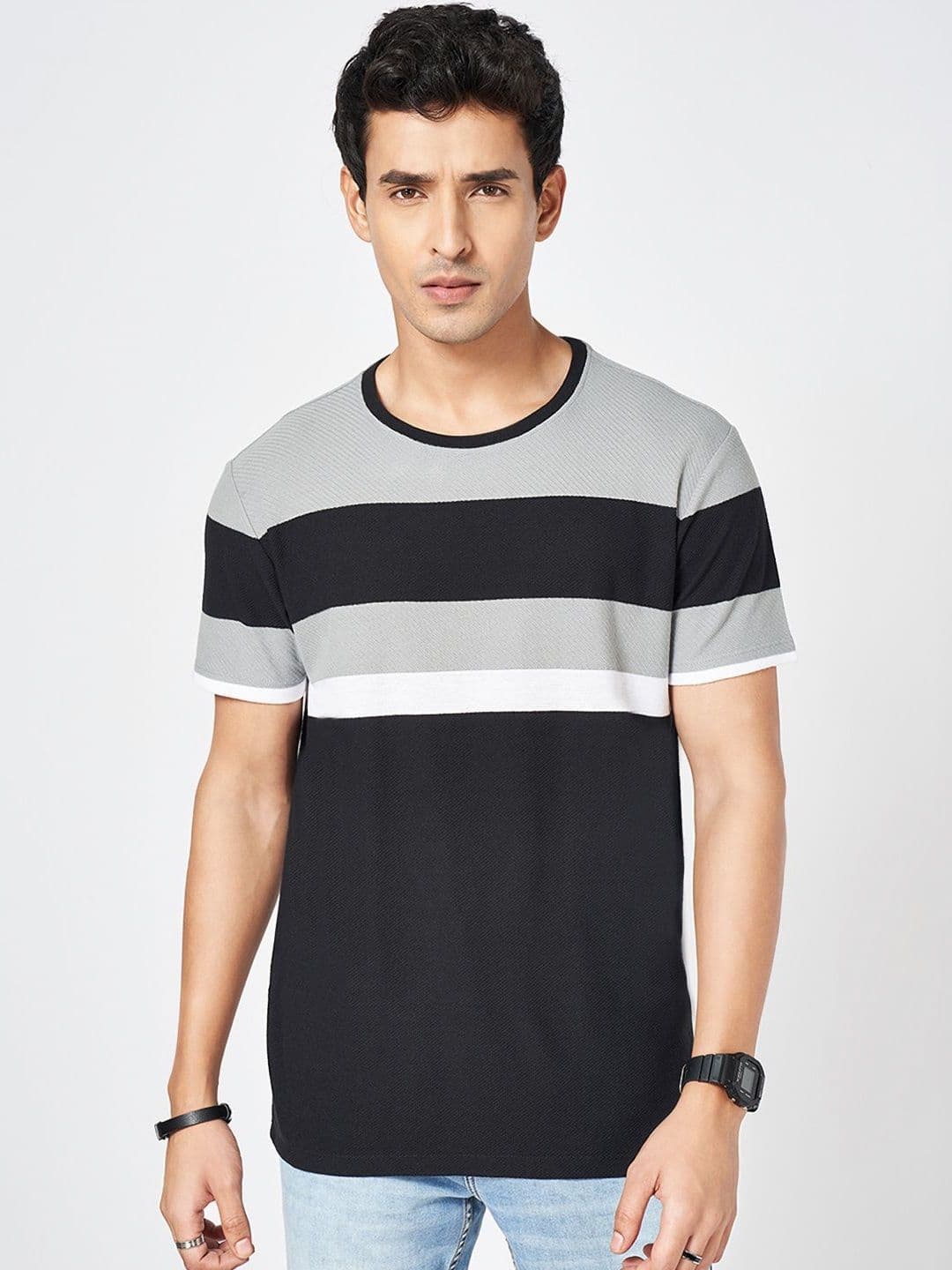 SF JEANS by Pantaloons Men Striped Round Neck Cotton Slim Fit T-shirt - view 1