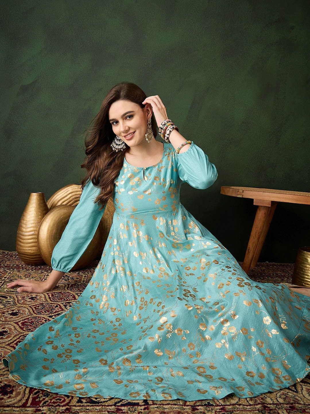 Sangria Foil Floral Printed Cold Shoulder Anarkali Kurta - view 1