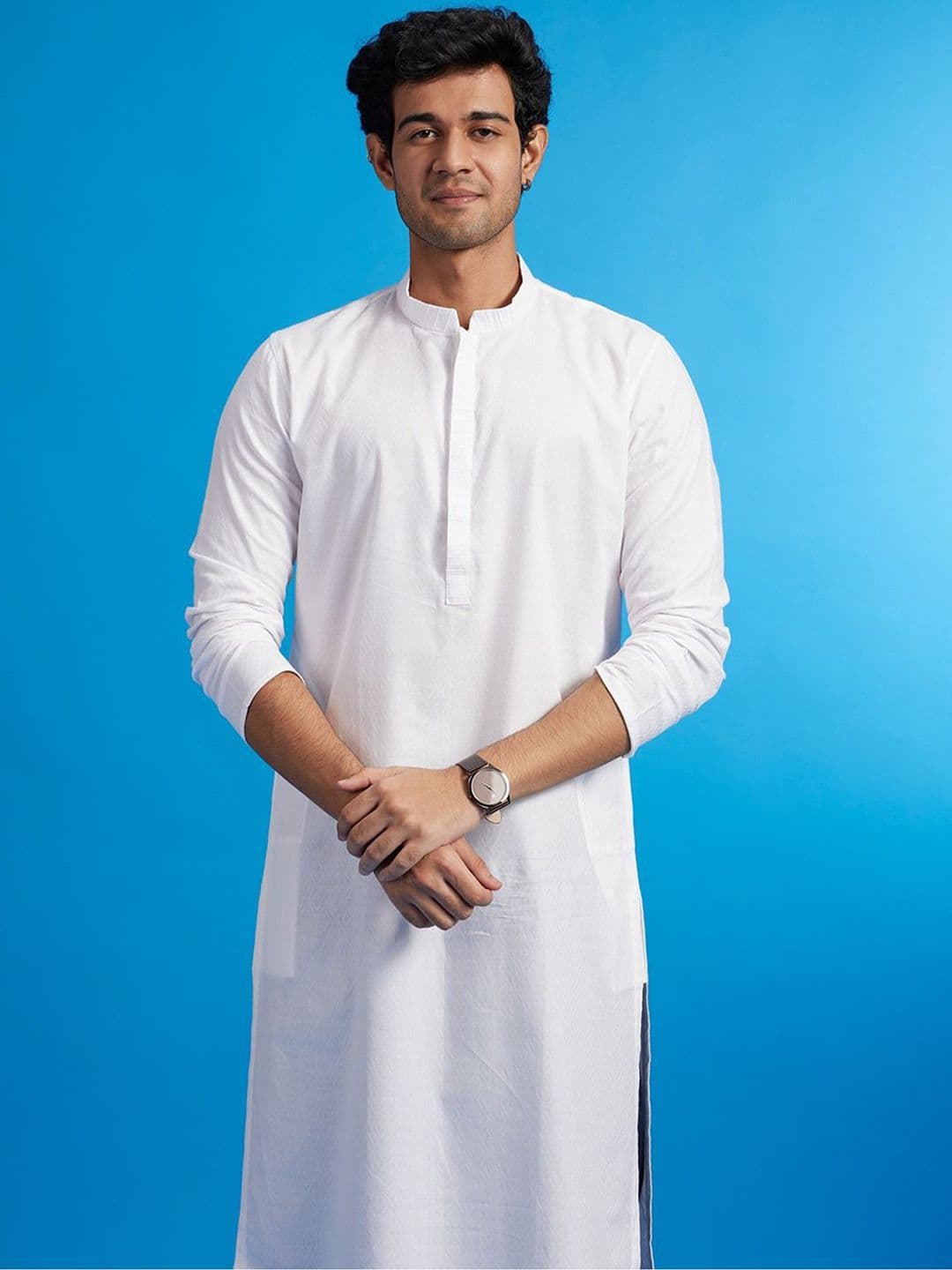 Diwas by Manyavar Geometric Woven Design Mandarin Collar Cotton Straight Kurta - view 1