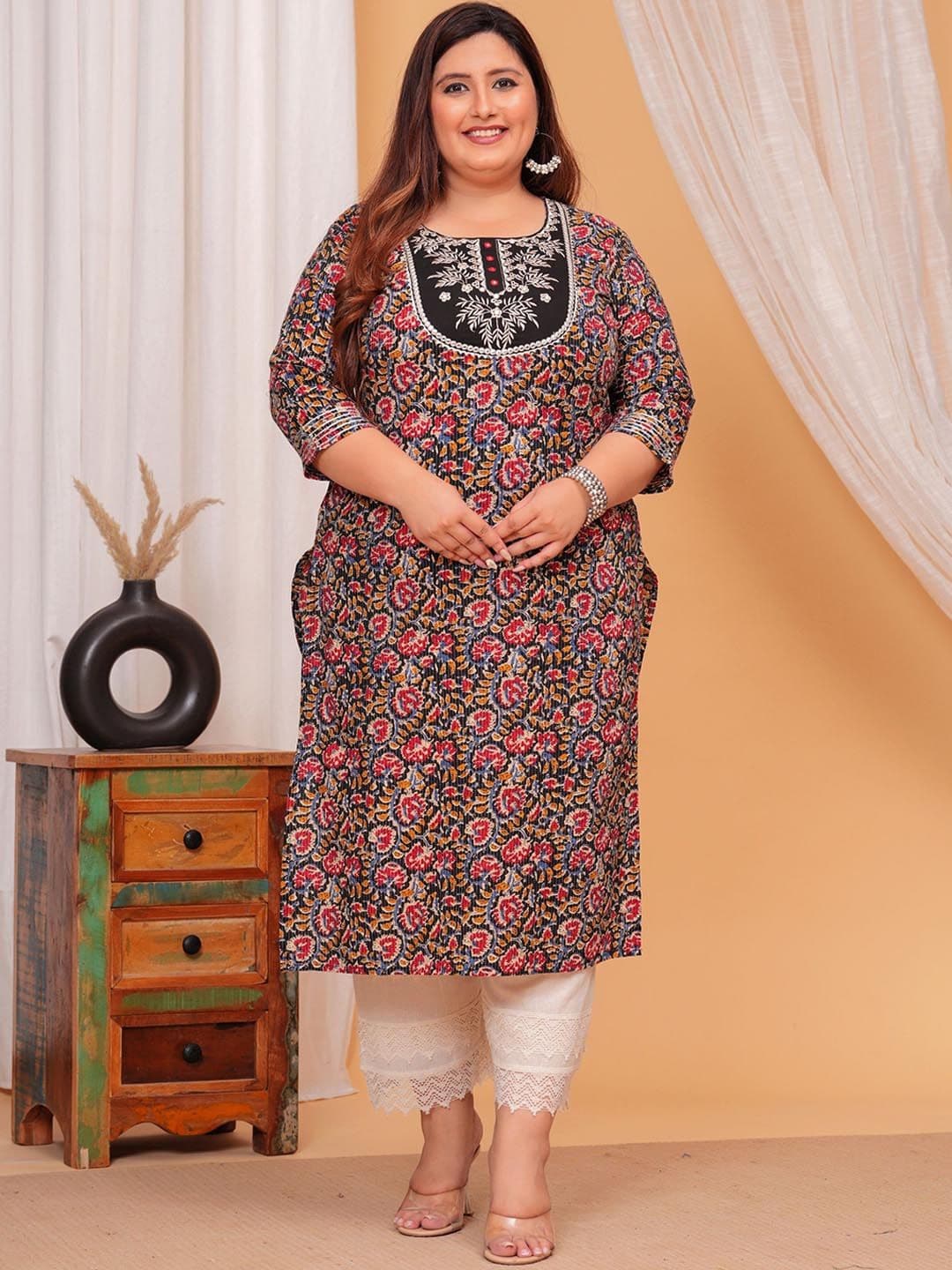 LABULY Plus Size Floral Printed Mirror Work Pure Cotton Straight Kurta - view 1