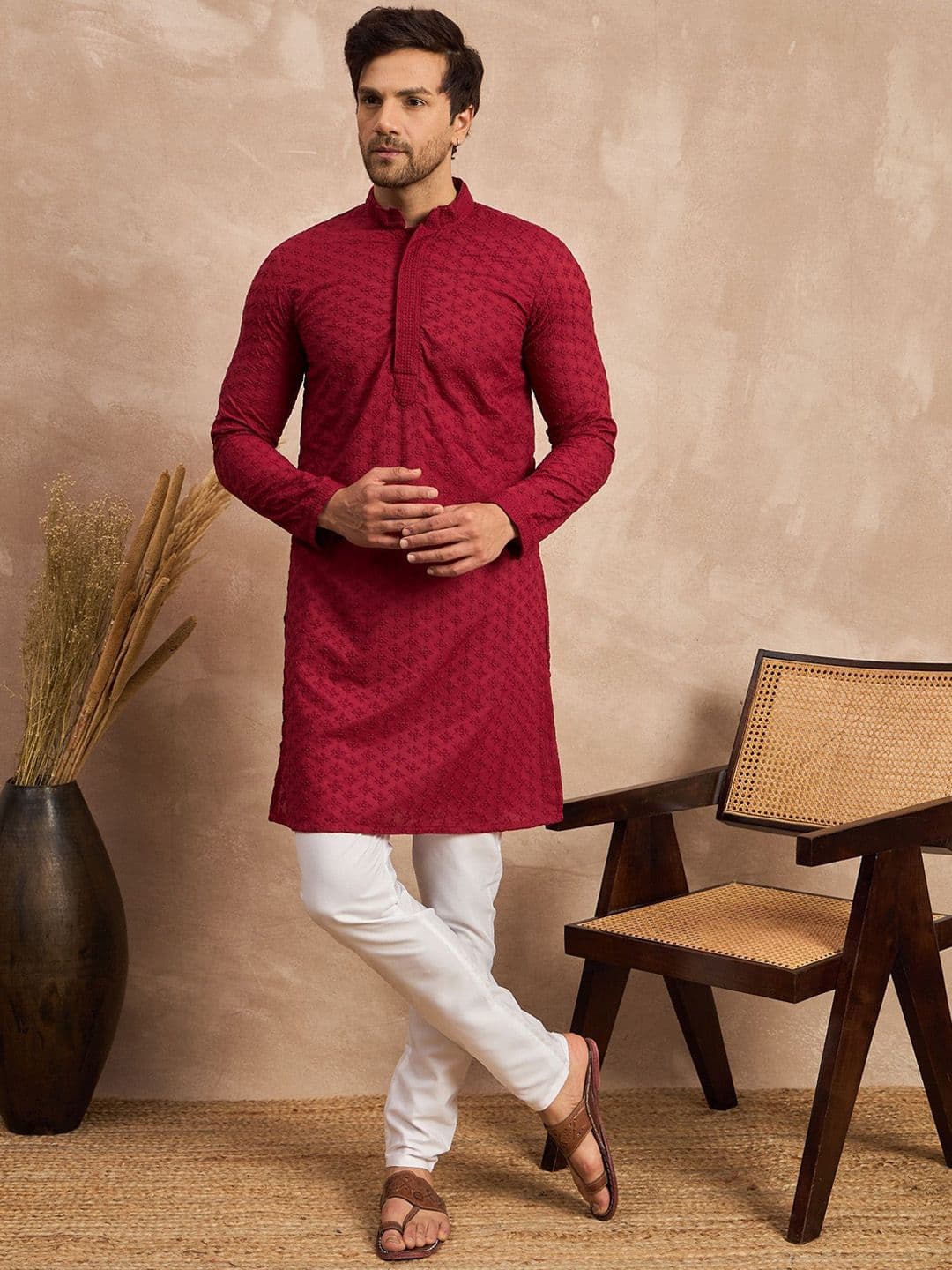 House of Pataudi Ethnic Motifs Embroidered Thread Work Pure Cotton Straight Kurta - view 1