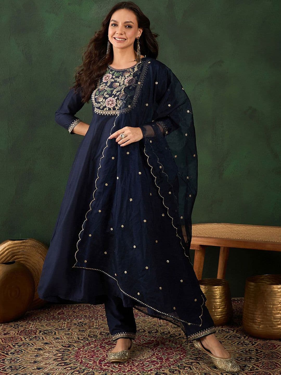 Sangria Navy Blue Floral Yoke Design Sequinned A-Line Kurta With Trouser & Dupatta - view 1