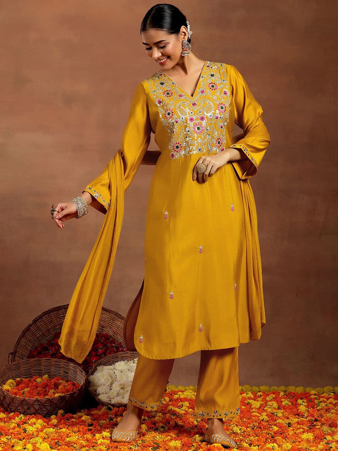 Gerua By Libas Ethnic Motifs Embroidered Sequinned V-Neck Straight Kurta With Trouser & Dupatta - view 1