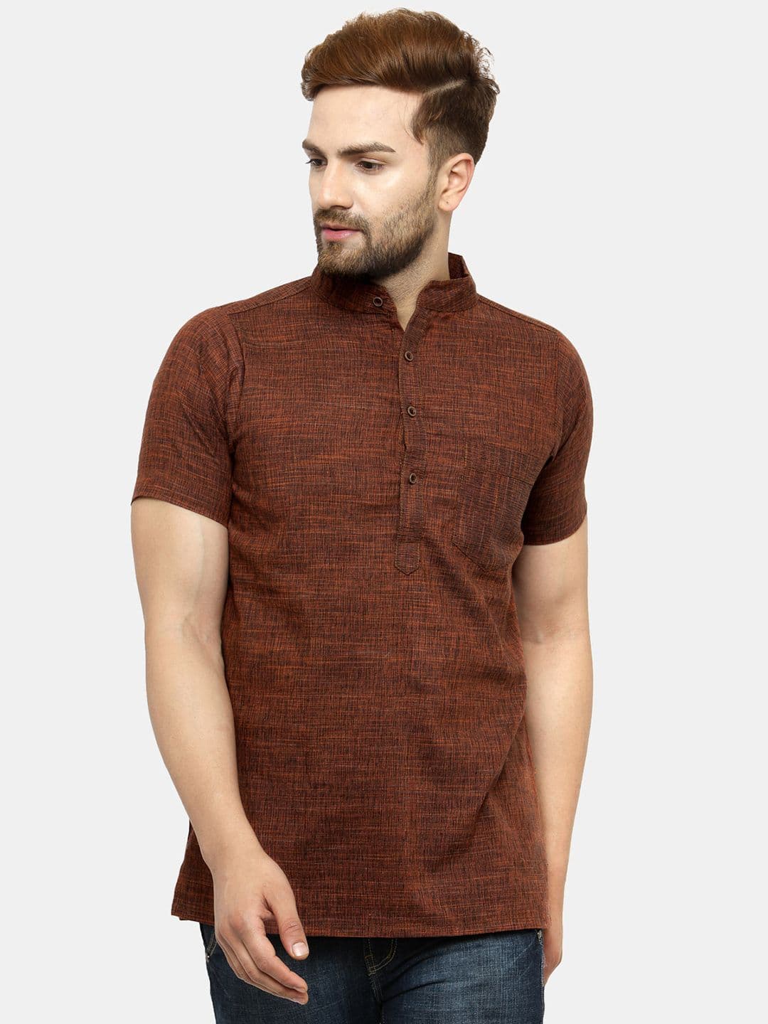 Enchanted Drapes Woven Design Band Collar Short Sleeves Regular Pure Cotton Straight Kurta - view 1