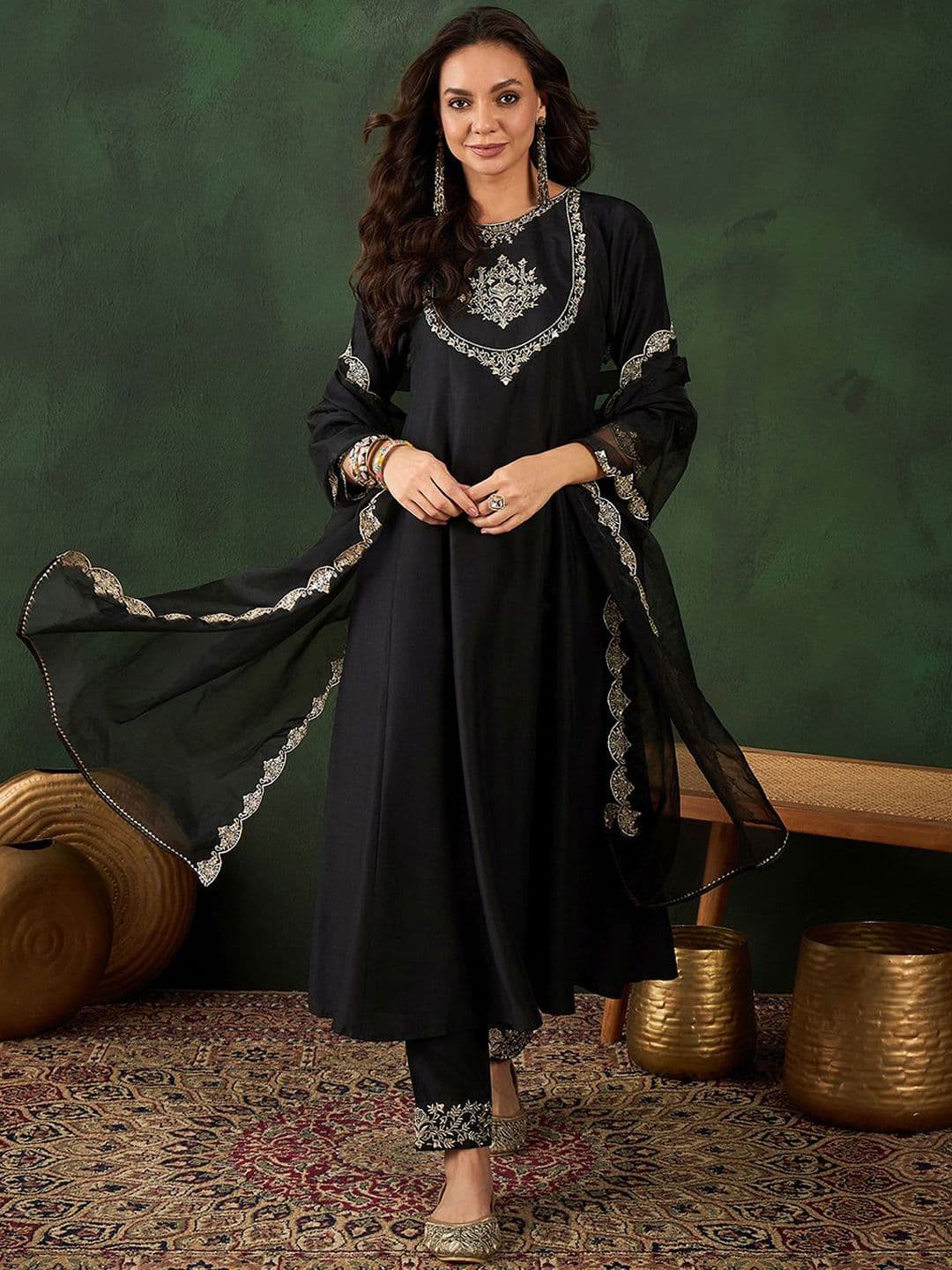 Sangria Black Floral Embroidered Round Neck Zari A-Line Kurta With Trouser & Dupatta - view 1